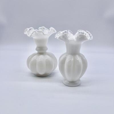 FENTON~ Pair (2) ~ Silver Crest Melon Ribbed Ruffled Vases