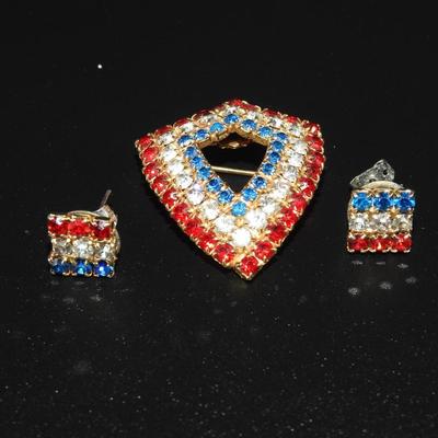 Patriotic red white and blue brooch and earrings