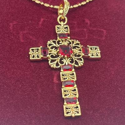 LOT 31: Jaqueline Kennedy Simulated Ruby Cross Pendant on Goldtone Chain - 19