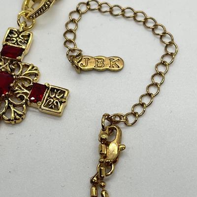 LOT 31: Jaqueline Kennedy Simulated Ruby Cross Pendant on Goldtone Chain - 19