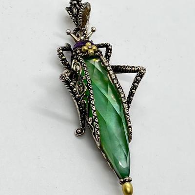 LOT 36: Barbara Bixby Sterling Silver & 18K Gold Gemstone Grasshopper Pendant