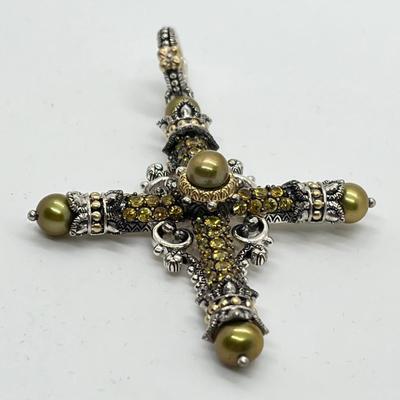 LOT 41: Barbara Bixby Sterling Silver & 18K Gold 2 ct tw Pave Gemstone Cross - Yellow Sapphire