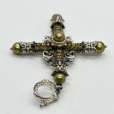 LOT 41: Barbara Bixby Sterling Silver & 18K Gold 2 ct tw Pave Gemstone Cross - Yellow Sapphire