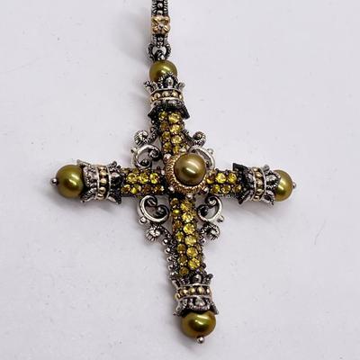LOT 41: Barbara Bixby Sterling Silver & 18K Gold 2 ct tw Pave Gemstone Cross - Yellow Sapphire