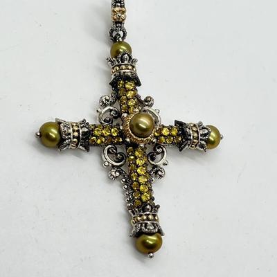 LOT 41: Barbara Bixby Sterling Silver & 18K Gold 2 ct tw Pave Gemstone Cross - Yellow Sapphire