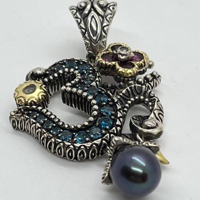 LOT 43: Barbara Bixby Sterling Silver & 18K Gold Gemstone Om Enhancer/Pendant
