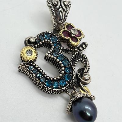 LOT 43: Barbara Bixby Sterling Silver & 18K Gold Gemstone Om Enhancer/Pendant
