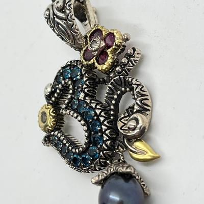 LOT 43: Barbara Bixby Sterling Silver & 18K Gold Gemstone Om Enhancer/Pendant