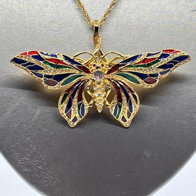 LOT 46: Jaqueline Kennedy Reproduction Butterfly Pin with Pendant Converter & 21" Chain