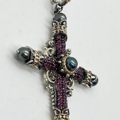 LOT 55: Barbara Bixby Sterling Silver & 18K Gold 2 ct tw Pave Gemstone Cross - Rhodolite