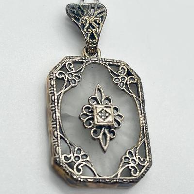LOT 58:  Crystal & Diamond Accent Pendant 925 Sterling  18" Necklace