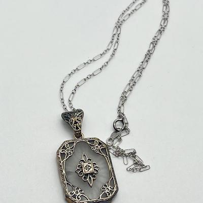LOT 58:  Crystal & Diamond Accent Pendant 925 Sterling  18" Necklace