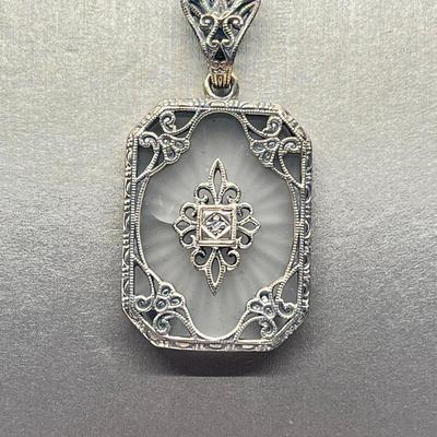 LOT 58:  Crystal & Diamond Accent Pendant 925 Sterling  18" Necklace