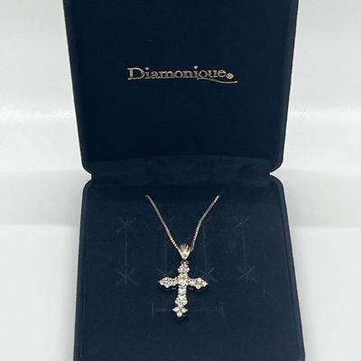 LOT 62: Sterling Silver Diamonique Cross Pendant on 20" Chain