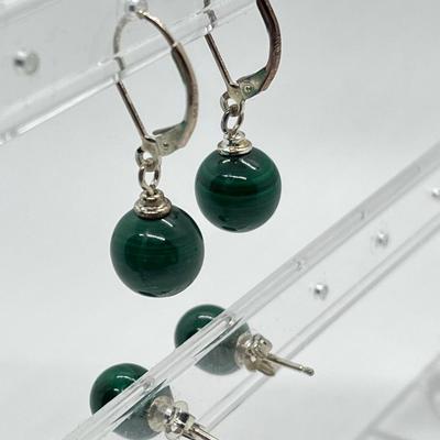 LOT 74: Set of Two Sterling & Malachite Earrings - Stud & Lever Back