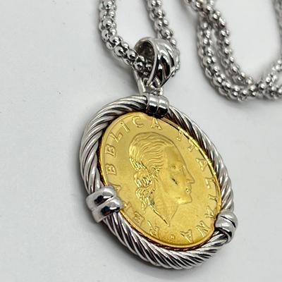 LOT 85: Vicenza Sterling Silver 200 Lira Coin Two-Tone Pendant on 18