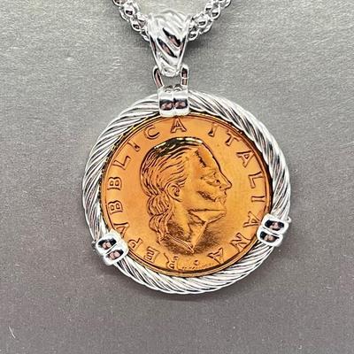 LOT 85: Vicenza Sterling Silver 200 Lira Coin Two-Tone Pendant on 18