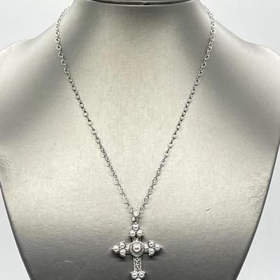 LOT 94: Legacy Naomi Sterling Silver & Cultured Pearl Cross on 17