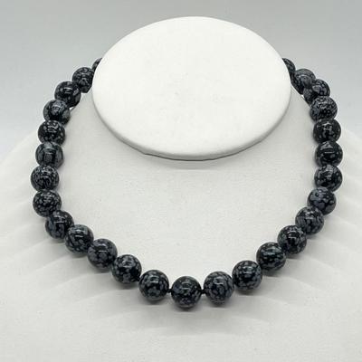 LOT 95: Snowflake Obsidian 12mm Gemstone Bead Necklace - 16