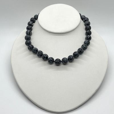 LOT 95: Snowflake Obsidian 12mm Gemstone Bead Necklace - 16" with 3" Ext. and Sterling Clasp