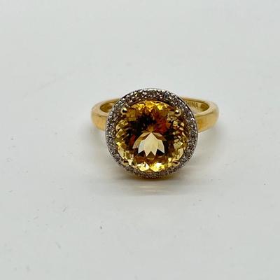 LOT 96: 14K Gold Citrine & Diamond Halo Size 6 Ring - 3.34 grams total weight