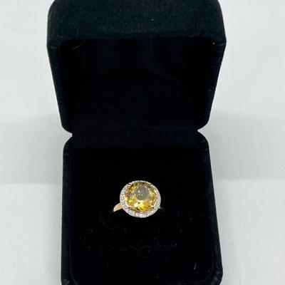LOT 96: 14K Gold Citrine & Diamond Halo Size 6 Ring - 3.34 grams total weight