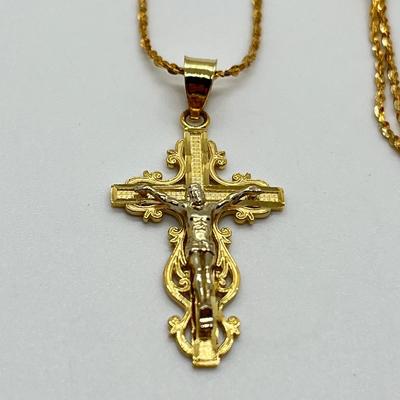 LOT 98: 14K Gold Two-Tone Crucifix Pendant on 14K Gold 18