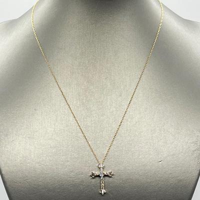 LOT 105: Diamonique Baguette & Round Cross Pendant on  14K 18" Chain - 2.68 gtw