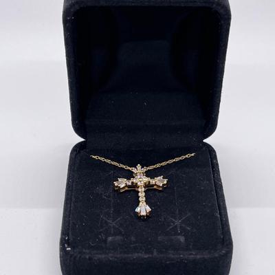 LOT 105: Diamonique Baguette & Round Cross Pendant on  14K 18" Chain - 2.68 gtw