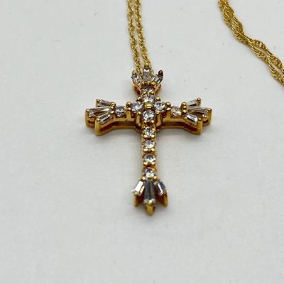 LOT 105: Diamonique Baguette & Round Cross Pendant on  14K 18" Chain - 2.68 gtw