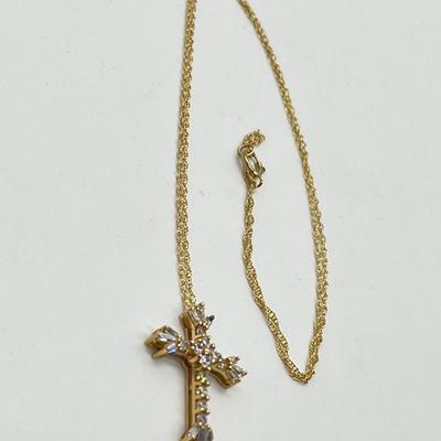 LOT 105: Diamonique Baguette & Round Cross Pendant on  14K 18" Chain - 2.68 gtw