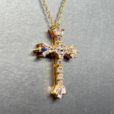LOT 105: Diamonique Baguette & Round Cross Pendant on  14K 18" Chain - 2.68 gtw
