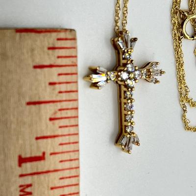 LOT 105: Diamonique Baguette & Round Cross Pendant on  14K 18" Chain - 2.68 gtw