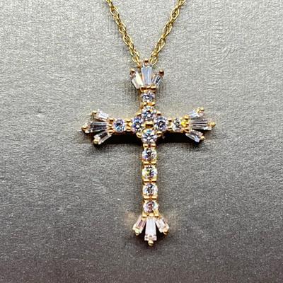LOT 105: Diamonique Baguette & Round Cross Pendant on  14K 18" Chain - 2.68 gtw
