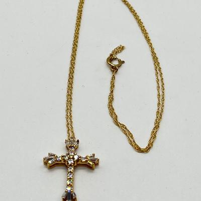 LOT 105: Diamonique Baguette & Round Cross Pendant on  14K 18" Chain - 2.68 gtw