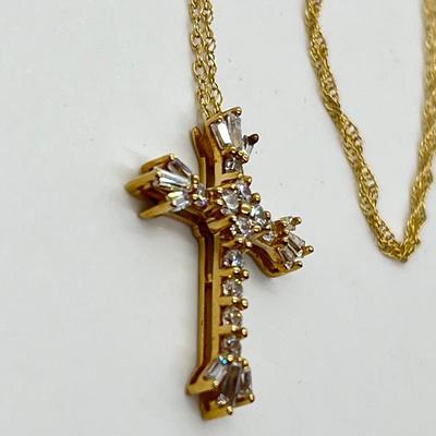 LOT 105: Diamonique Baguette & Round Cross Pendant on  14K 18" Chain - 2.68 gtw