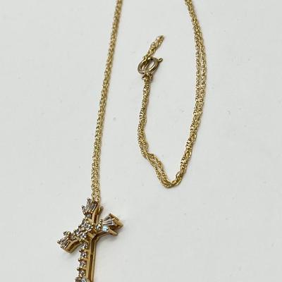 LOT 105: Diamonique Baguette & Round Cross Pendant on  14K 18" Chain - 2.68 gtw