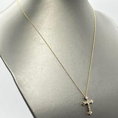 LOT 105: Diamonique Baguette & Round Cross Pendant on  14K 18" Chain - 2.68 gtw
