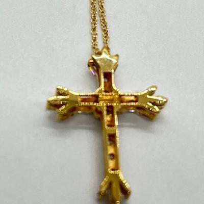 LOT 105: Diamonique Baguette & Round Cross Pendant on  14K 18" Chain - 2.68 gtw
