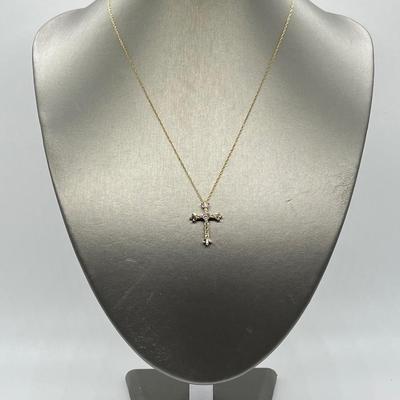 LOT 105: Diamonique Baguette & Round Cross Pendant on  14K 18" Chain - 2.68 gtw
