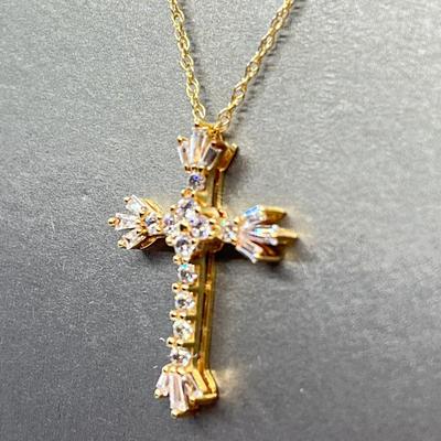 LOT 105: Diamonique Baguette & Round Cross Pendant on  14K 18" Chain - 2.68 gtw