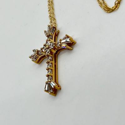 LOT 105: Diamonique Baguette & Round Cross Pendant on  14K 18" Chain - 2.68 gtw