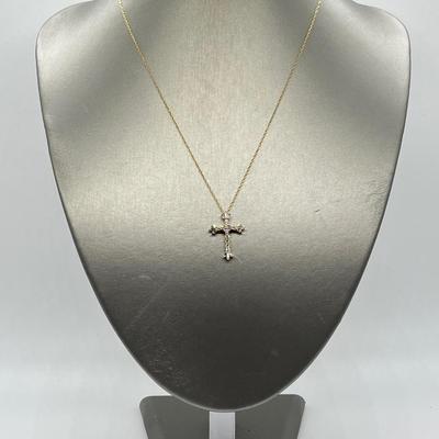 LOT 105: Diamonique Baguette & Round Cross Pendant on  14K 18" Chain - 2.68 gtw