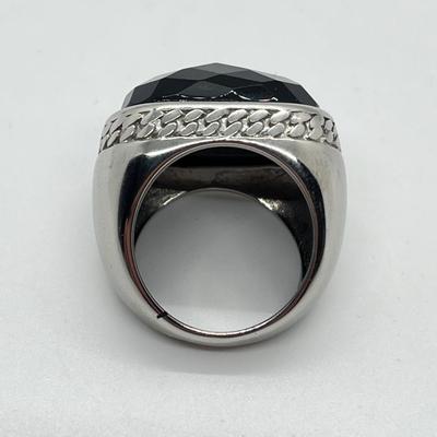 LOT 106: Steel By Design Stainless Steel & Faceted Onyx Gemstone Rectangle Ring - Size 6