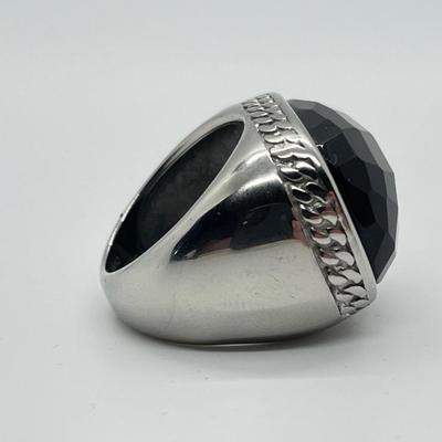 LOT 106: Steel By Design Stainless Steel & Faceted Onyx Gemstone Rectangle Ring - Size 6