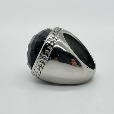 LOT 106: Steel By Design Stainless Steel & Faceted Onyx Gemstone Rectangle Ring - Size 6