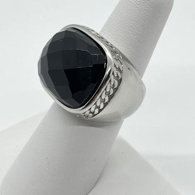 LOT 106: Steel By Design Stainless Steel & Faceted Onyx Gemstone Rectangle Ring - Size 6