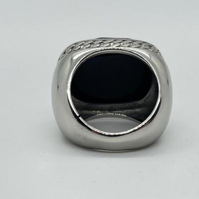 LOT 106: Steel By Design Stainless Steel & Faceted Onyx Gemstone Rectangle Ring - Size 6