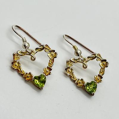 LOT 107: Sterling Silver ShamrockHeart Drop Earrings w/ Peridot - Made in Ireland