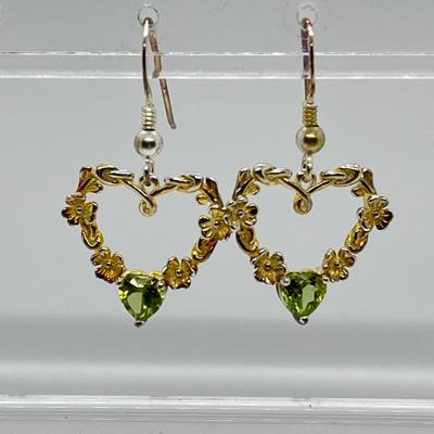 LOT 107: Sterling Silver ShamrockHeart Drop Earrings w/ Peridot - Made in Ireland